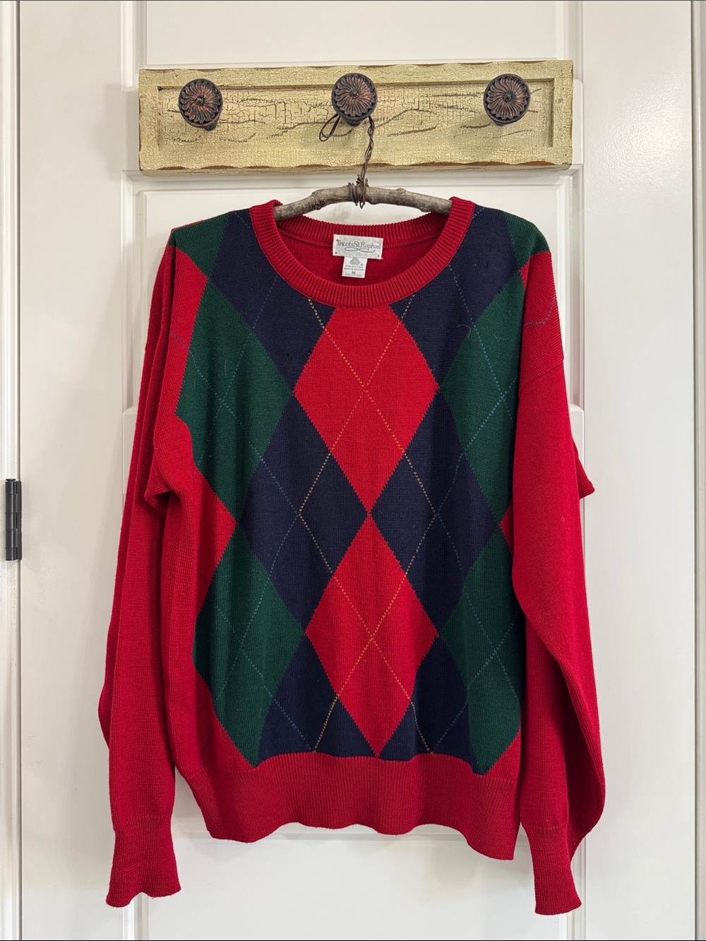 Vintage 100% Wool Red Argyle Crewneck Sweater / Jumper